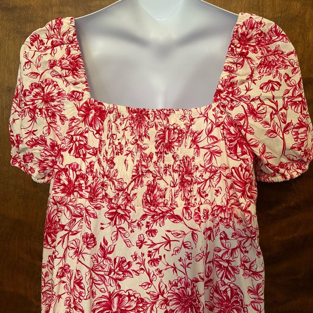 London Times Puff Sleeve Linen Midi Dress Womens Plus 18W Red Floral Wedding - Picture 13 of 16